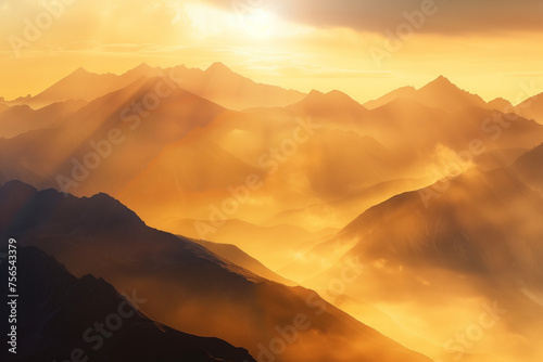 A dramatic mountain landscape at dawn  with misty peaks and golden hues  ideal for a message of inspiration or adventure