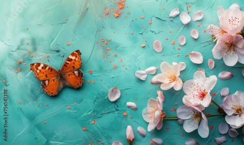 Butterfly and cherry blossoms on a turquoise background. Beautiful springtime background. Flat lay, top view.