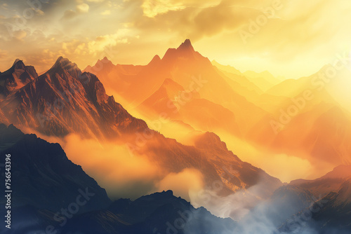 A dramatic mountain landscape at dawn, with misty peaks and golden hues, ideal for a message of inspiration or adventure