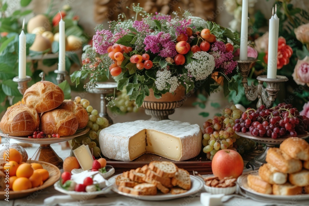 A visually diverse and appetizing assortment of breakfast foods arranged on an elegant table setting.