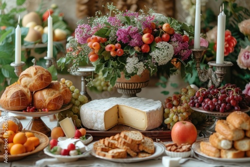 A visually diverse and appetizing assortment of breakfast foods arranged on an elegant table setting.