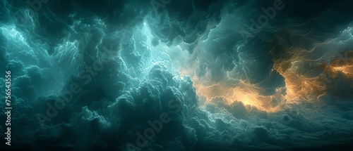 A dramatic night sky with clouds. A black blue green night sky. Thunderstorm. Dark teal color background. A frightening, ominous scene.