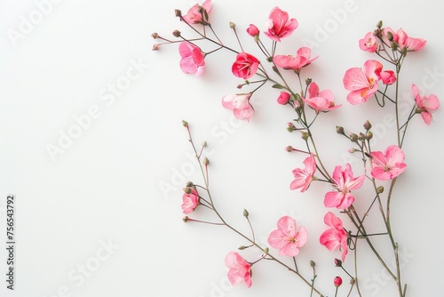 Delicate pink blossoms on a white background. Flowers greeting card for Mother's Day, Woman's Day, Easter, Valentine's Day, Wedding, and Birthday celebration. Flat lay, empty space, top view.