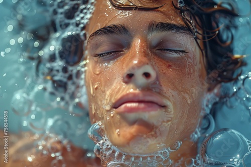 Close-up portrait of a person's face half-submerged in clear water, surrounded by bubbles and with detailed water droplets