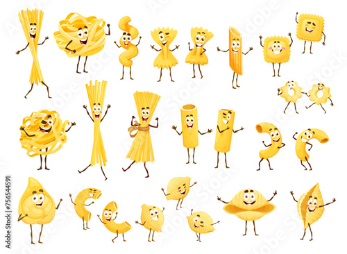 Cartoon pasta characters, Italian cuisine macaroni with funny cute smiling faces, vector happy food. Italian pasta cartoon characters of spaghetti, penne and fusilli with farfalle and ravioli for kids