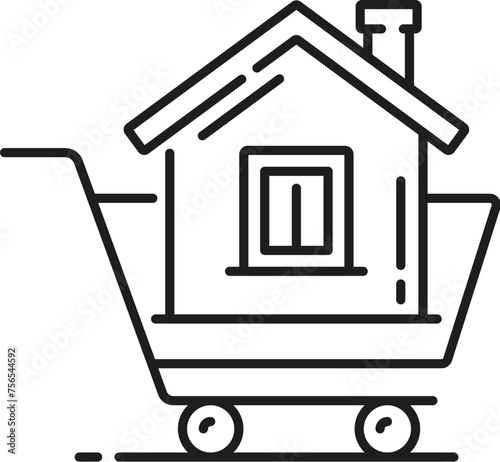 Real estate icon. House purchase line symbol. Real estate market, house rent, sale or purchase outline vector icon or symbol, dwelling loan company thin line pictogram with house in shopping cart