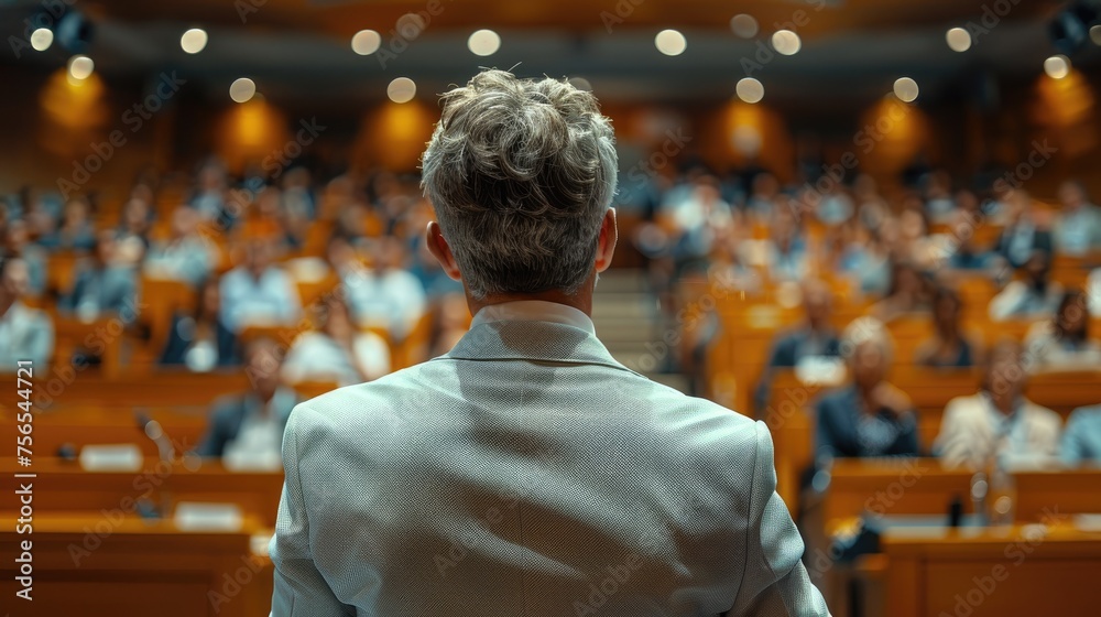 Rear view of a male speaker addressing a crowded auditorium during a professional conference event. Speaker Presenting to an Audience in Conference Hall Rear view of a male speaker addressing a crowded auditorium during a professional conference event. Speaker Presenting to an Audience in Conference Hall