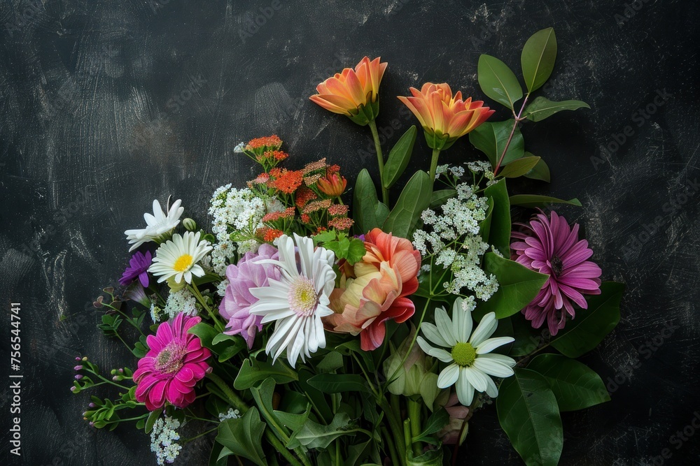 Fototapeta premium Colorful bouquet of fresh spring flowers on a dark textured background