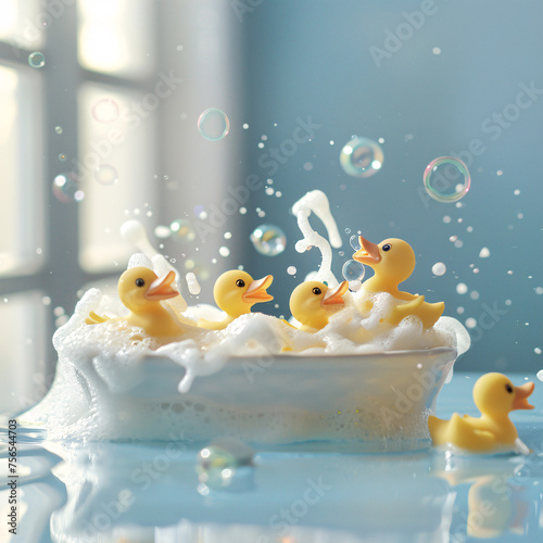 Rubber ducks in bubbly bath with floating bubbles.
