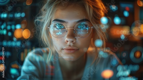 Close-up of woman with glasses looking at a complex display, reflecting the convergence of technology and perception. © Vilaysack