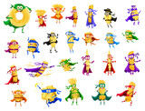 Cartoon italian pasta food superhero characters in super hero costumes, capes and masks. Cute macaroni defenders vector personages, funny gnocchi, capellini, vermicelli, radiatore and pappardelle
