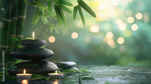 Calm, balanced stack of black massage stones, glow of candles and bamboo leaves on a green background, spa background