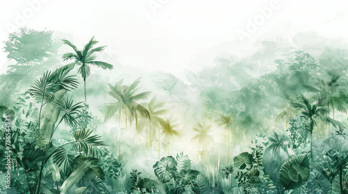 Watercolor Painting of a jungle landscape. 