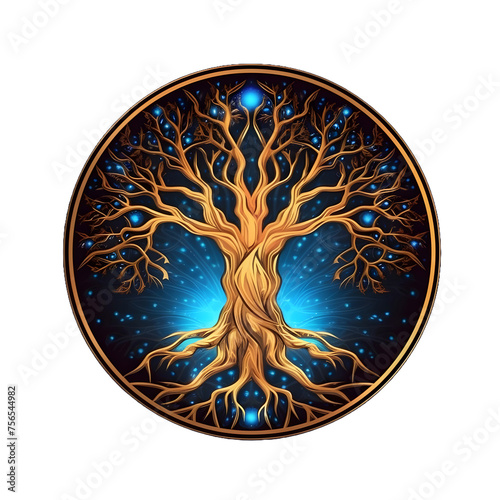 Golden Tree of Life Illustration with Round Shape Isolated on Transparent Background
