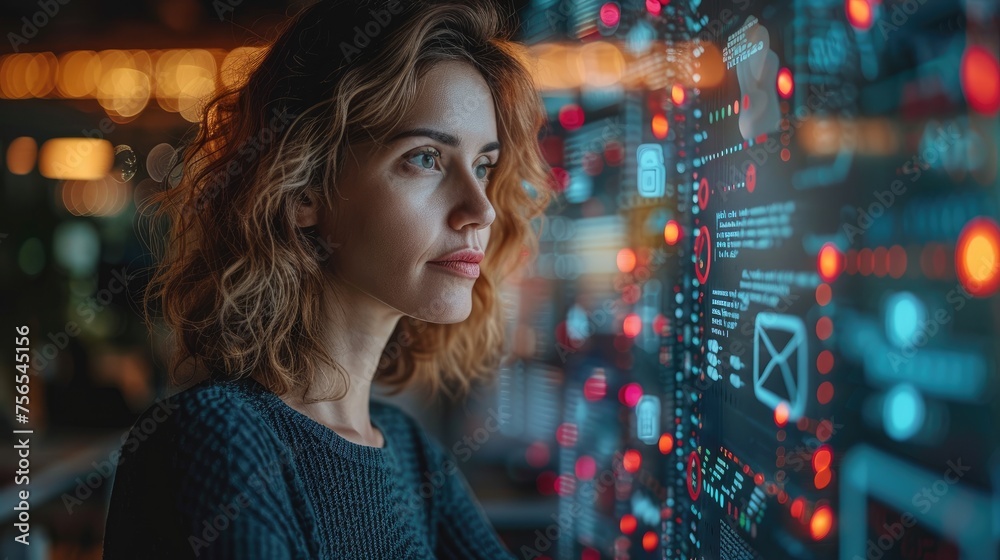 Young Woman Exploring Advanced Digital Interface, Woman gazes intently at futuristic digital graphics, symbolizing advanced technology interaction.