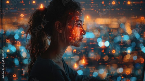 Young Woman Exploring Advanced Digital Interface, Woman gazes intently at futuristic digital graphics, symbolizing advanced technology interaction.