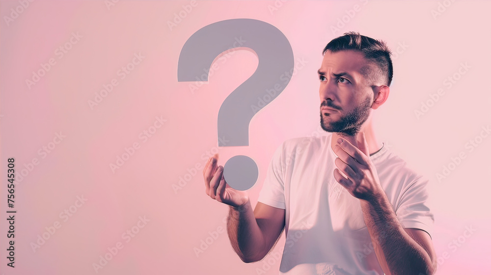 Man holding a question mark in his hands
Man holding a question mark in his hands