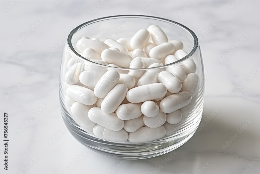 Assorted vibrant pills arranged in an intriguing composition on a crisp white backdrop Assorted vibrant pills arranged in an intriguing composition on a crisp white backdrop