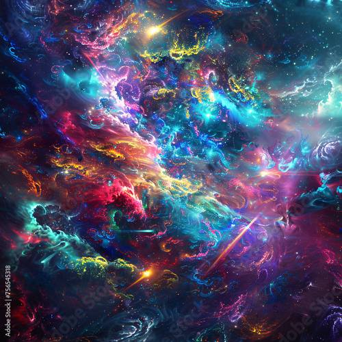  Cosmic nebula bursting with vibrant, swirling colors.