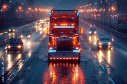 A powerful truck lights up the rainy highway  leading traffic through a wet and reflective nighttime road scene