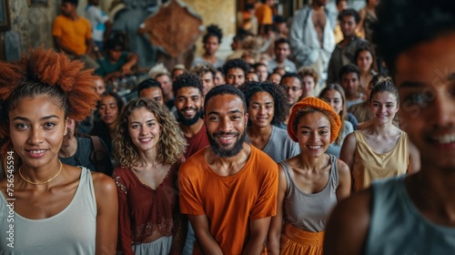 Happy diverse group of people with a smiling man in orange shirt at the center