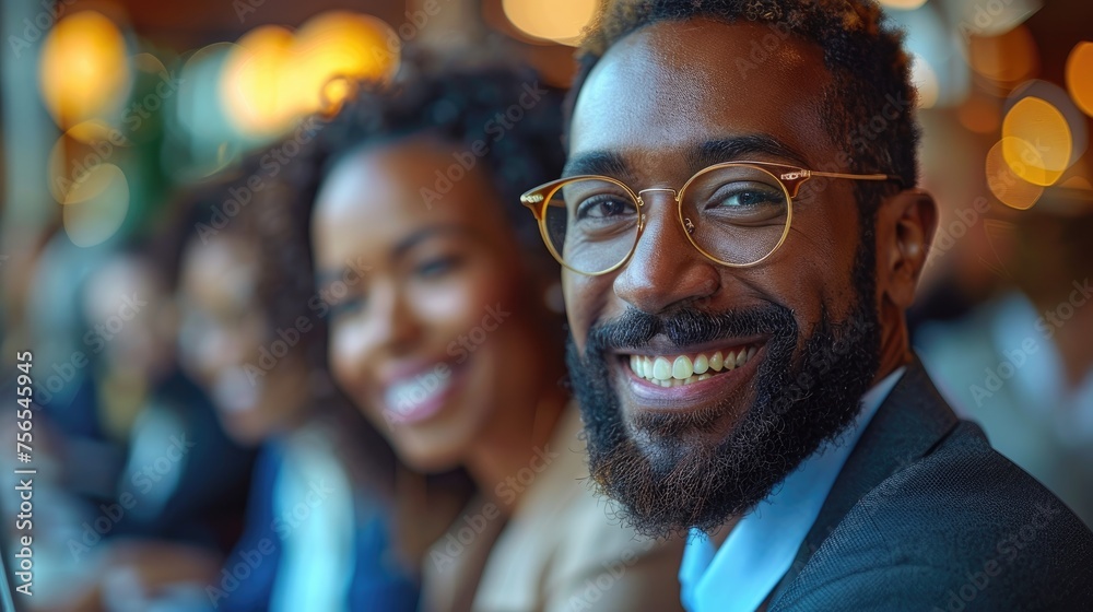 A cheerful business team engages in a discussion, with a bearded man in glasses at the forefront, exuding positivity and teamwork. A cheerful business team engages in a discussion, with a bearded man in glasses at the forefront, exuding positivity and teamwork.