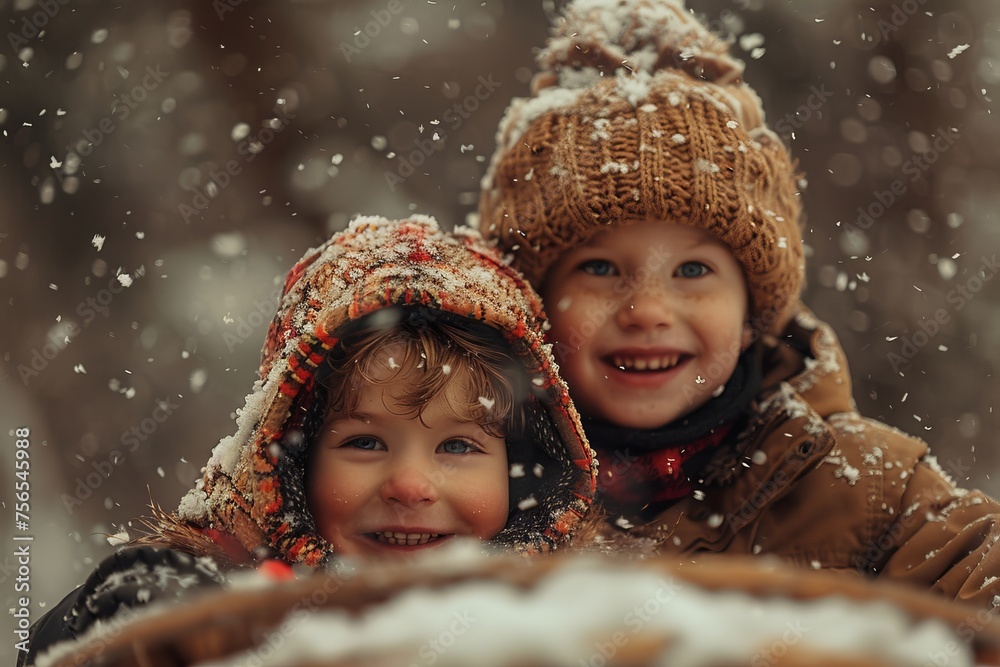 Siblings or friends in winter clothing share a joyful moment amidst falling snow, representing family and friendship Siblings or friends in winter clothing share a joyful moment amidst falling snow, representing family and friendship