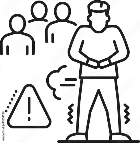 Human pettophobia phobia icon, mental health. People psychology, mental disorder outline vector pictogram. Fear problem thin line sign or symbol with terrified, scared man in crowd