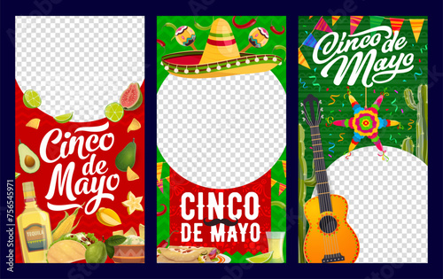 Cinco de Mayo mexican holiday templates, social media and blog posts. Mexico fiesta party vector banners with round frames and cartoon sombrero, guitar, maracas and pinata, tequila, chili and cactus