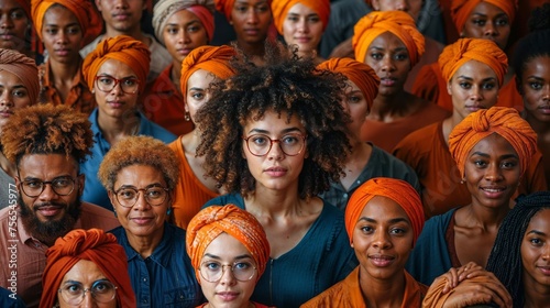Confident woman with glasses centered among a group wearing orange headwraps