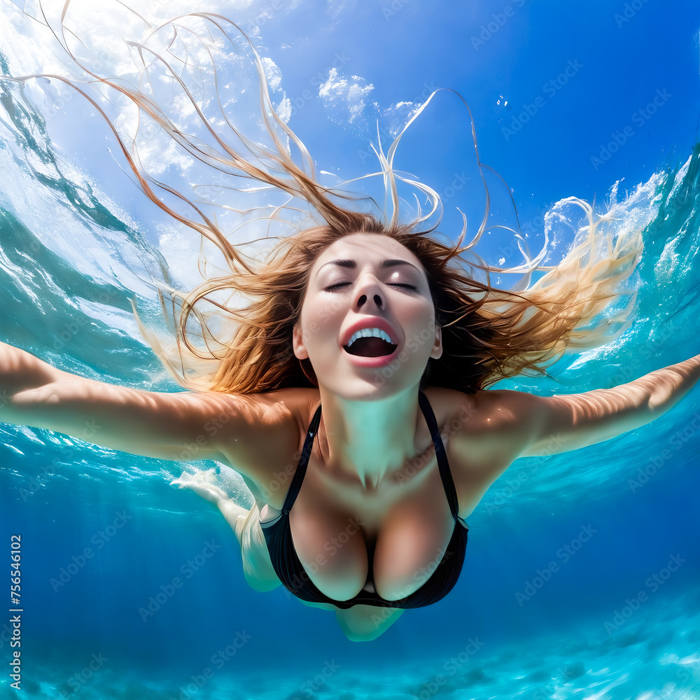 Woman Swimming Underwater.  Bikini Babe Swim in Clear Blue Water