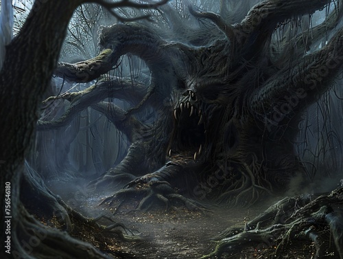 A dark forest where trees twist into grotesque shapes and accursed artifacts are said to grant power at a terrible price
