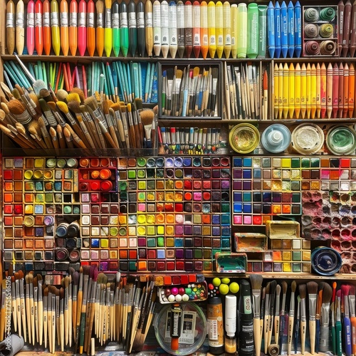 A vibrant and colorful display of various artists' tools including watercolor paints, brushes, and drawing materials.