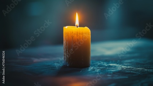 A solitary candle burns with a soft glow, its warm light contrasting the cool, dark tones of the blurred background.