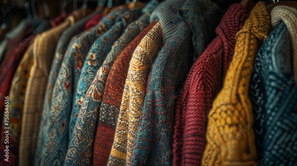 Fototapeta premium A selection of cozy knit sweaters featuring a variety of patterns and warm colors hung neatly on a clothing rack.