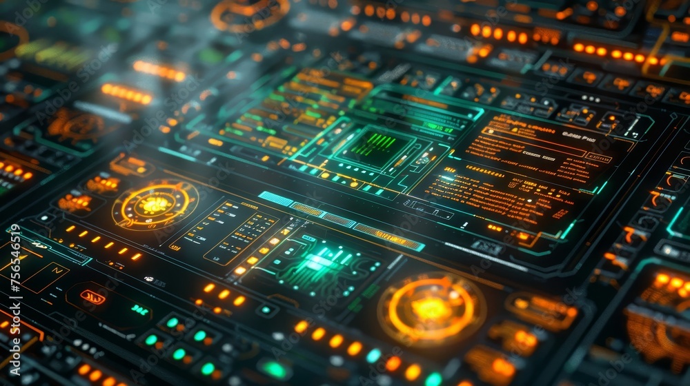 A complex, futuristic computer interface displaying glowing elements and circuitry, reminiscent of advanced technology and cybernetics. A complex, futuristic computer interface displaying glowing elements and circuitry, reminiscent of advanced technology and cybernetics.