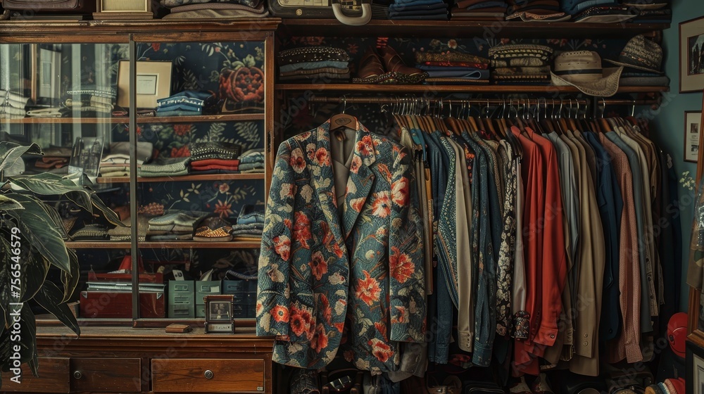 A well-appointed vintage boutique displays an eclectic selection of men's fashion, featuring floral jackets, classic shirts, and a variety of accessories.
