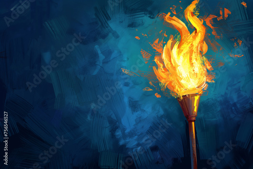 Olympic fire torch colorful illustration with copy space. Olympic flame, summer games opening ceremony, celebration. Paris, summer Olympic games 2024