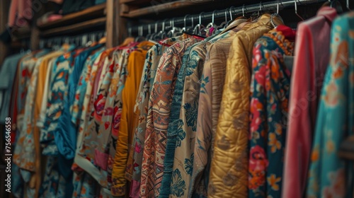 A vibrant collection of patterned garments hangs in a row, showcasing a diverse mix of colors and prints suitable for various styles and seasons.