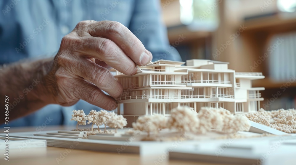 Close-up of an experienced architect's hands meticulously adjusting a detailed architectural model of a modern building. Close-up of an experienced architect's hands meticulously adjusting a detailed architectural model of a modern building.