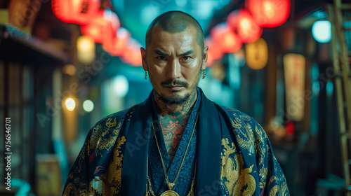 A Mature Japanese Gangster in Traditional Attire. Yakuza Portrait