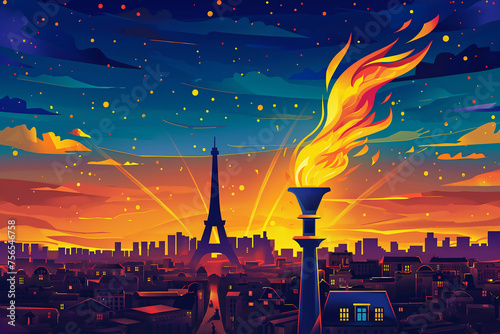Olympic fire torch colorful illustration. Olympic flame, summer games opening ceremony, celebration. Paris, summer Olympic games 2024