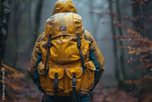 A close-up of a bright yellow backpack soaked in rain and enveloped by the vibrant hues of autumn foliage