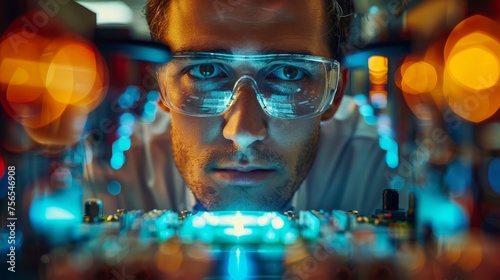 Close-up of a focused male engineer wearing safety glasses while inspecting a circuit board, highlighting precision in technology.