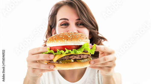 Woman holding a huge burger in her hands 