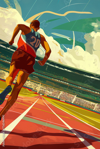 Athletes at summer Olympic games, colorful illustration. Professional runner running sprint at track, sports championship. 