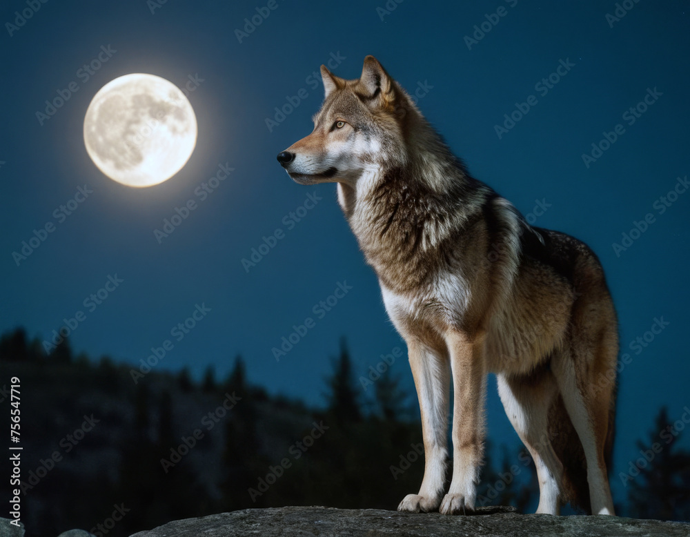 A wolf in the forest on a full moon night, dark blue sky.