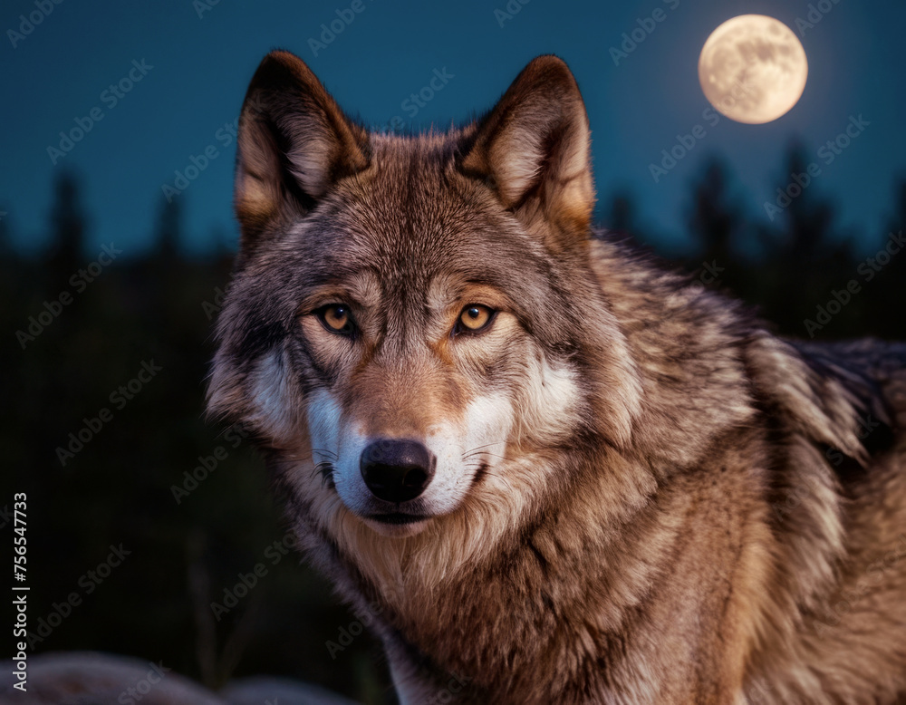 Fototapeta premium A wolf in the forest on a full moon night, dark blue sky. Close up.