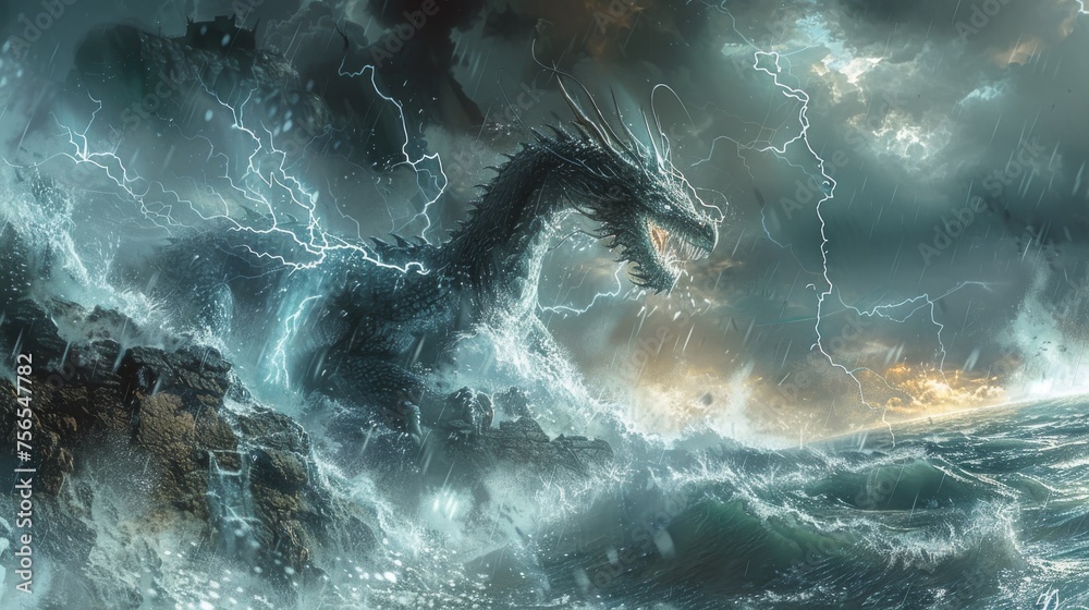 Design an image of a ferocious dragon battling against a fierce storm atop a cliff overlooking a tumultuous sea.  - obrazy, fototapety, plakaty 