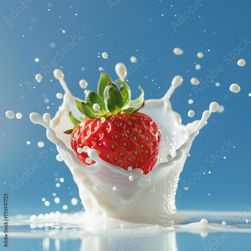 Strawberry dropping into milk with a dynamic splash against a blue backdrop. photo